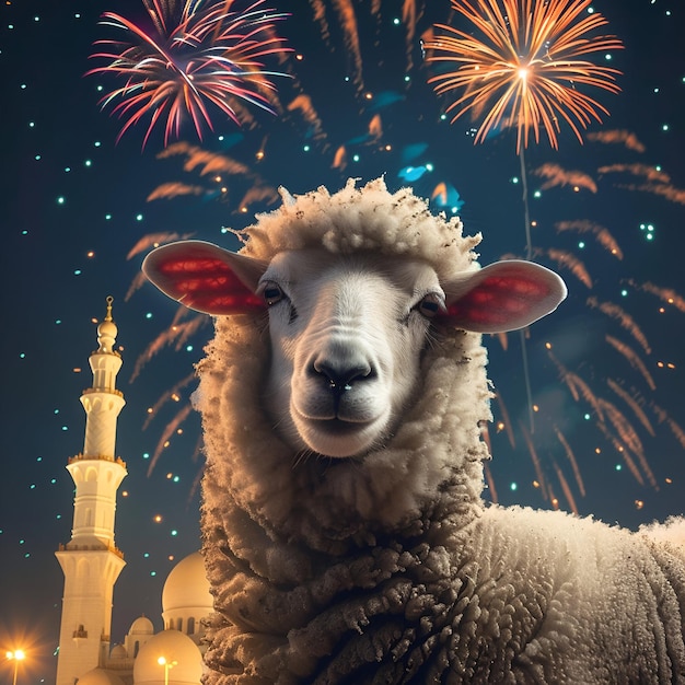 Piękna owca Eid al Adha lub jagnięcina z islamskim tłem do projektowania kolorowy post Eid al adha