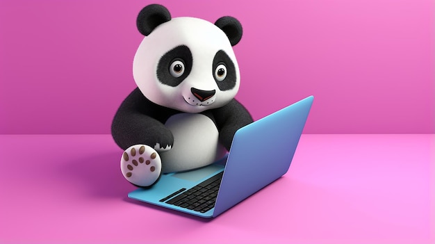 Piękna panda 3D używająca laptopa na kolorowym tle 16