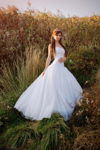 Piękna panna młoda modeluje elegancką suknię ślubną w wiejskim polu