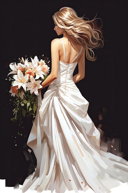 Piękna panna młoda o pełnej długości w białej sukni z bukietem na czarnym tle