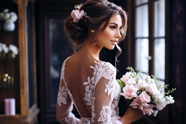 Piękna panna młoda z ślubną fryzurą z kwiatami w włosach w dzień ślubu