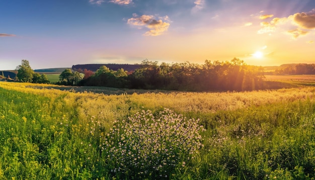 Piękna panorama krajobrazu wiejskiego ze wschodem słońca i kwitnącą łąką