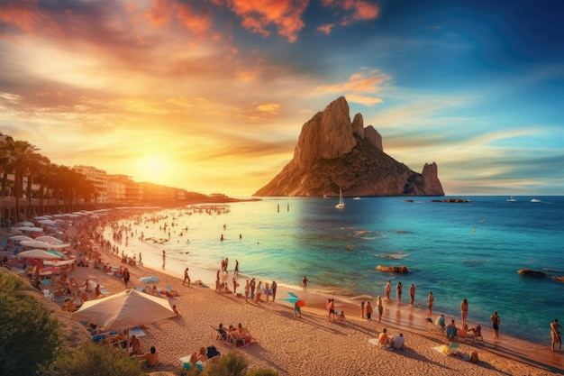 Piękna panorama plaży Calpe przy zachodzie słońca Alicante Hiszpania Malowniczy widok na tropikalną plażę Cala d'Hort ludzie spotykają się na pięknej plaży z skałą Es Vedra widok podczas AI Generated