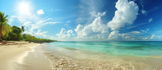 Piękna panorama tropikalnej plaży z niebieskim tłem generowana przez sztuczną inteligencję