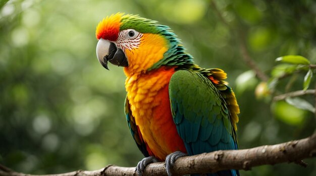 Piękna papuga siedząca na gałęzi z liśćmi i kwiatami na naturalnym tle