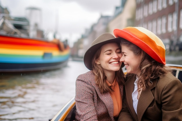 Piękna para lesbijek na łodzi w Amsterdamie świętuje dumę lgbtq z wzorami tęczowej flagi