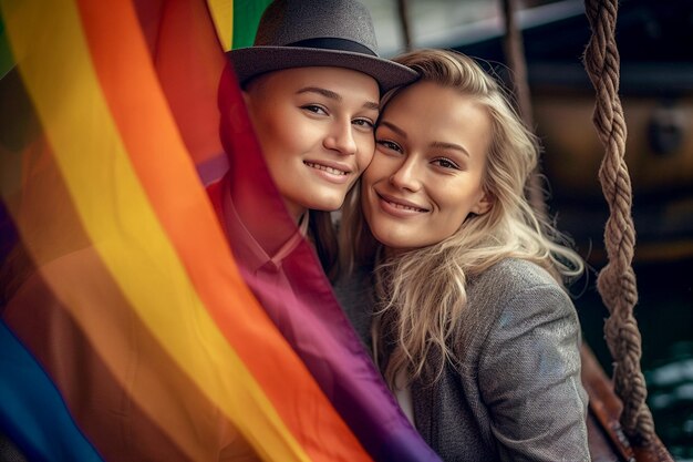 Piękna para lesbijek na łodzi w Amsterdamie świętuje dumę lgbtq z wzorami tęczowej flagi