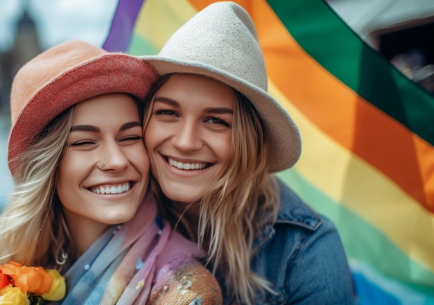 Zdjęcie piękna para lesbijek na łodzi w amsterdamie świętuje dumę lgbtq z wzorami tęczowej flagi