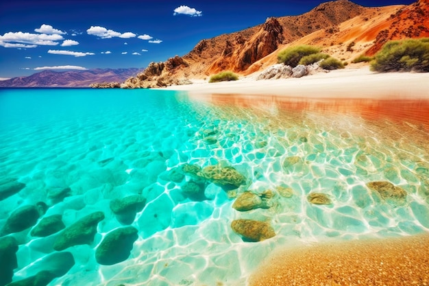 Piękna piaszczysta plaża z czystym morzem i ciepłym letnim słońcem w greckiej generatywnej ai