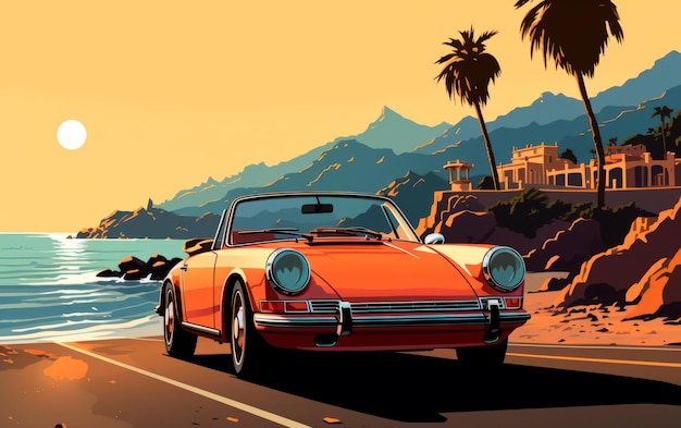 Piękna plakatowa ilustracja klasycznego samochodu o zachodzie słońca na plaży