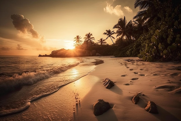 Piękna plaża na egzotycznej wyspie o zachodzie słońca oferuje zapierające dech w piersiach widoki, ciepłe wody oceanu i spokojną atmosferę Generative AI