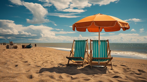 piękna plaża z krzesłem i parasolem w tle