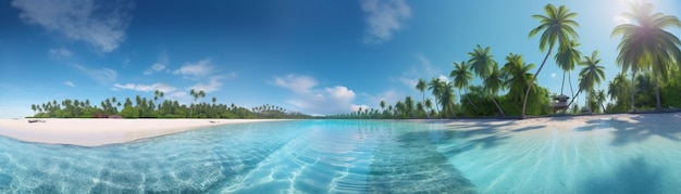 Piękna plaża z palmami i turkusowym morzem Sztuka Letnie wakacje ocean z wyspą na tle Generative AI
