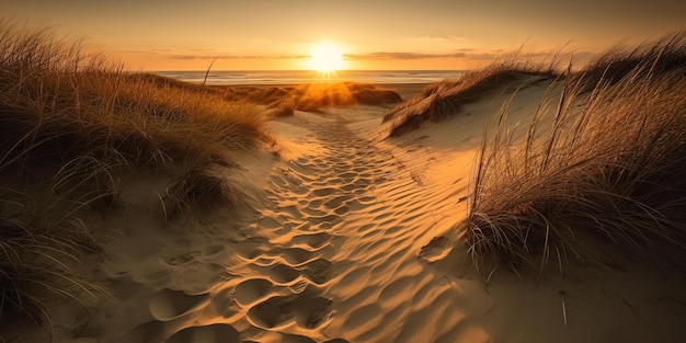 Zdjęcie piękna plaża z wydmami przy zachodzie słońca