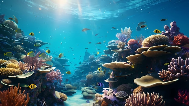 piękna podwodna sceneria z różnymi rodzajami ryb i raf koralowych