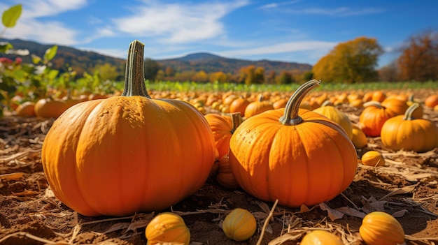 Piękna poprawka na polu dyni i duża dynia na pierwszym planie Pole dyni gotowe do zbioru Koncepcja Święta Dziękczynienia i Halloween