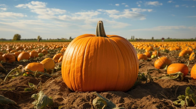 Piękna poprawka na polu dyni i duża dynia na pierwszym planie Pole dyni gotowe do zbioru Koncepcja Święta Dziękczynienia i Halloween