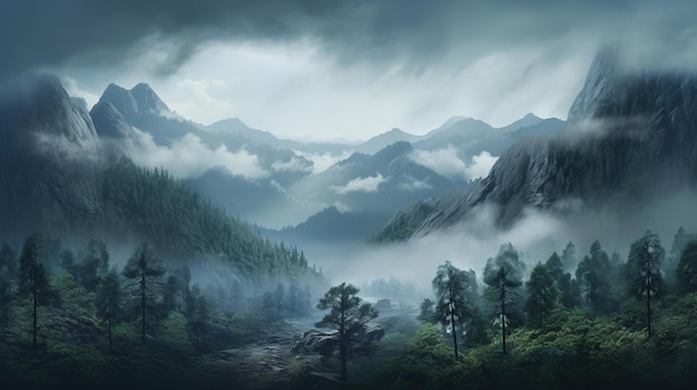 Piękna poranna mgła górska leśna Generacyjna sztuczna inteligencja