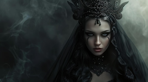 Piękna postać kobieca w gotyckiej czarnej sukience ze złą koncepcją wygenerowaną przez sztuczną inteligencję.