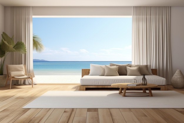 Piękna przestrzeń wewnętrzna domu drewniana podłoga z oceanem nad morzem morze piasek plaża letnia świeżość sezon podróży widok okna projekt domu w stylu tropikalnym generatywny ai