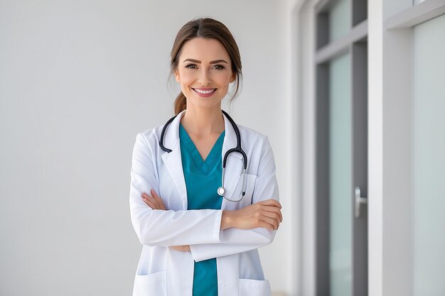 Zdjęcie piękna, przyjazna i pewna siebie kobieta, lekarz, uśmiechnięta, trzymająca tabliczkę i skrzyżowane ręce.