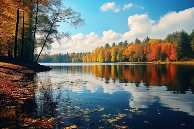 Piękna przyroda jesiennego lasu z jeziorem