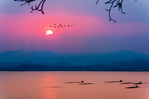 Piękna przyroda krajobraz czerwone słońce na kolorowe niebo i ptaki stado latające z rzędu nad wodą górską i jeziora podczas zachodu słońca, hodowla ryb w tle klatek o tamę Krasiao, Suphan Buri w Tajlandii