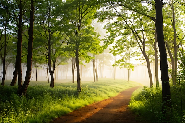 Piękna przyroda o poranku w mglistym wiosennym lesie ze słońcem