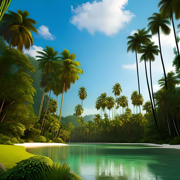 Piękna przyroda tła, lasy i palmy z jeziorem