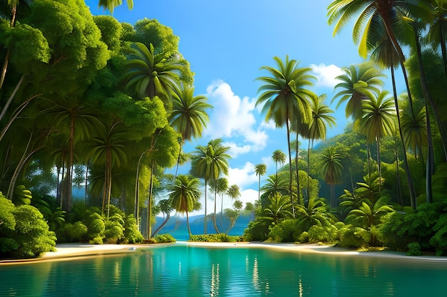 Piękna przyroda tła, lasy i palmy z jeziorem