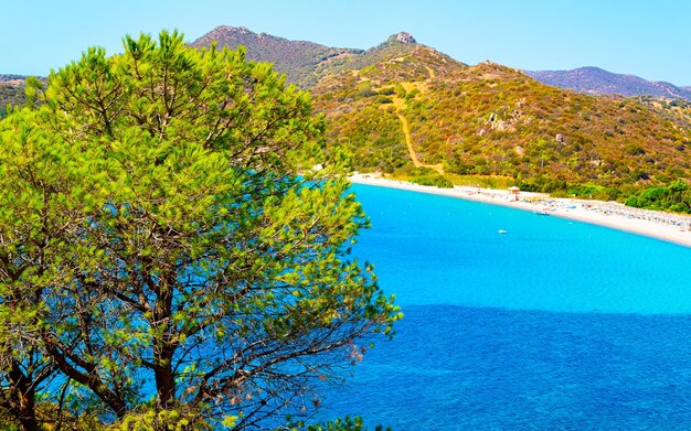 Piękna przyroda Villasimius i błękitne wody Morza Śródziemnego na wyspie Sardynia we Włoszech latem. Prowincja Cagliari. Krajobraz i dekoracje