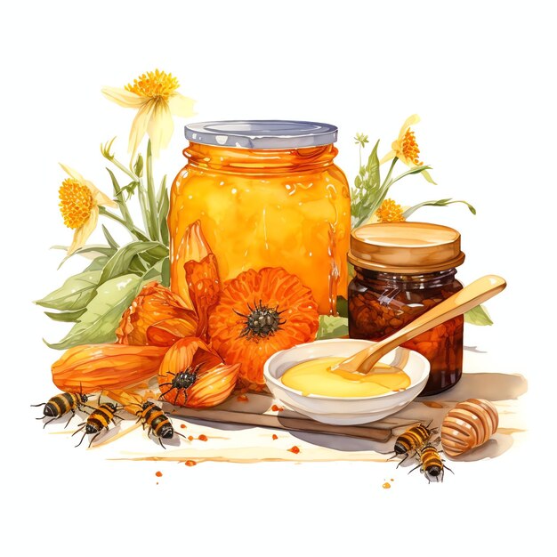 piękna pszczoła i farmtotable scena akwarela clipartów ilustracja