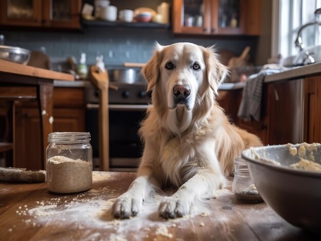 Piękna rasa psów Golden Retriever sprawiła bałagan w kuchni