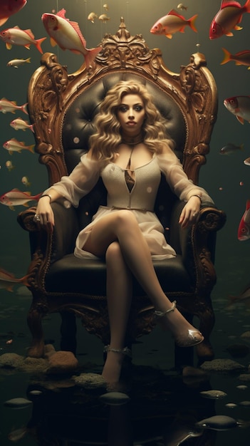 Piękna realistyczna królowa siedząca na tronie nosi ilustrację ilustracyjną sztukę generowaną przez sztuczną inteligencję