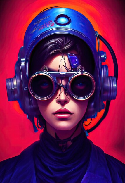 Piękna retro fala Kobieta naukowiec z goglami Cyberpunk metaverse character Concept Sztuka cyfrowa