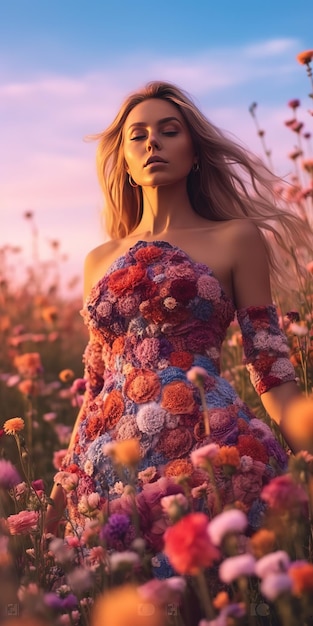 Piękna romantyczna dziewczyna w pięknej sukience stoi wiosną w pobliżu krzewu różowych kwiatów