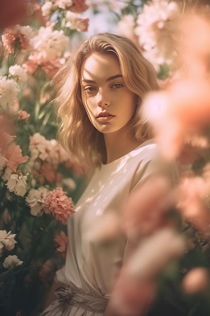 Piękna romantyczna dziewczyna w pięknej sukience stoi wiosną w pobliżu różowego i kolorowego krzewu