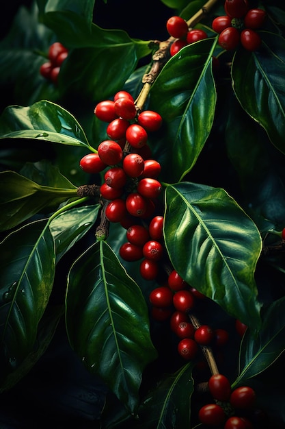 piękna roślina kawy z surowymi czerwonymi ziarnami kawy fotografia z bliska
