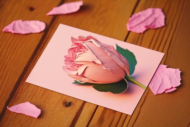 Piękna różowa róża i jej płatki spoczywają na różowej drewnianej desce obok karty