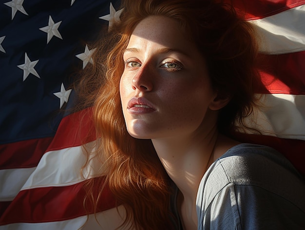 Zdjęcie piękna rudowłosa dziewczyna na tle amerykańskiej flagi