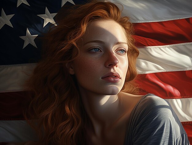 Zdjęcie piękna rudowłosa dziewczyna na tle amerykańskiej flagi