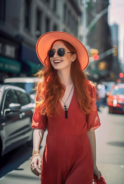 Piękna rudowłosa dziewczyna po dwudziestce w kapeluszu i okularach przeciwsłonecznych w modnej sukience na ulicach Nowego Jorku w słońcu