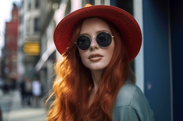 Piękna rudowłosa dziewczyna po dwudziestce w kapeluszu i okularach przeciwsłonecznych w modnej sukience na ulicach Nowego Jorku w słońcu