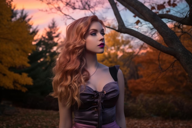 piękna rudowłosa kobieta w fioletowej sukience