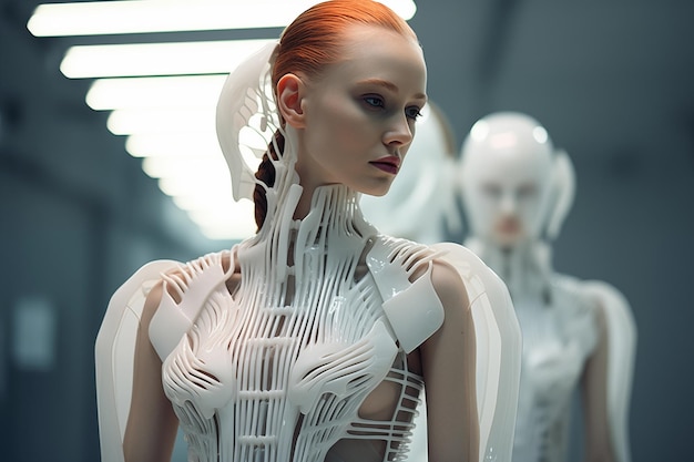 Zdjęcie piękna rudowłosa kobieta w futurystycznym ubraniu patrząca na manekin