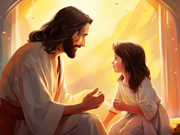 Piękna scena Jezusa nauczającego dzieci czytające Biblię kolorową ilustrację katechezy w tle