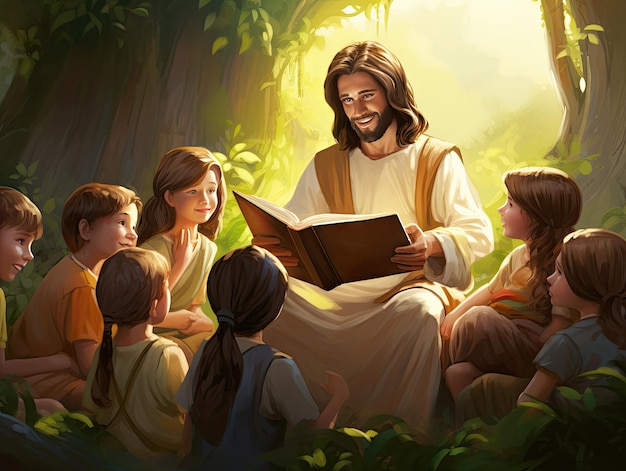 Piękna scena Jezusa nauczającego dzieci czytające Biblię kolorową ilustrację katechezy w tle