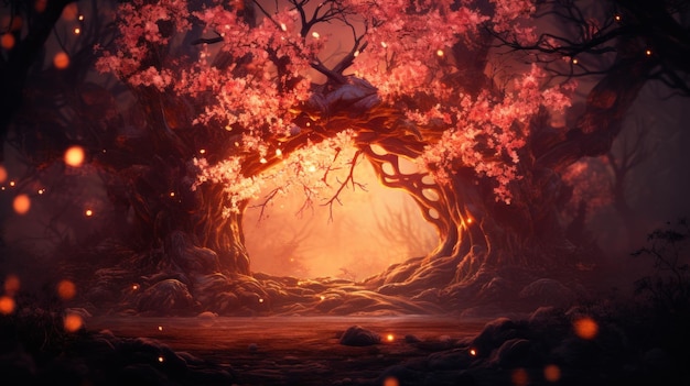 Piękna scena lasu z świecącym drzewem i kwiatami