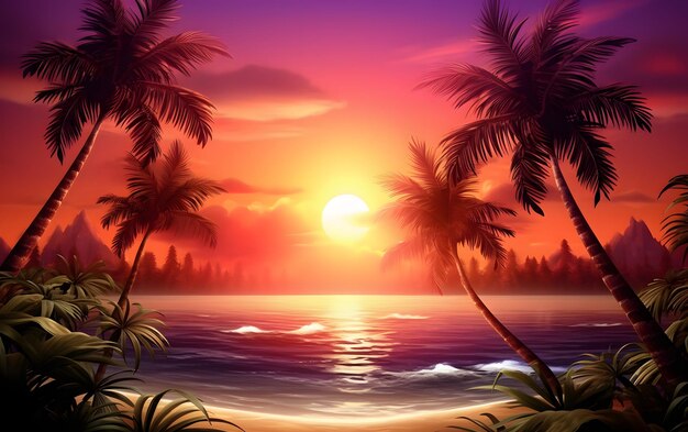 Zdjęcie piękna scena na plaży w stylu odważnej chromatyki egzotycznego zachodu słońca miłości