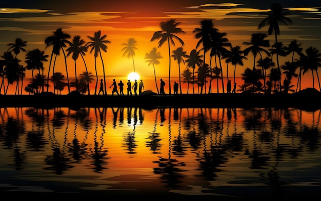Piękna scena na plaży w stylu odważnej chromatyki egzotycznego zachodu słońca miłości